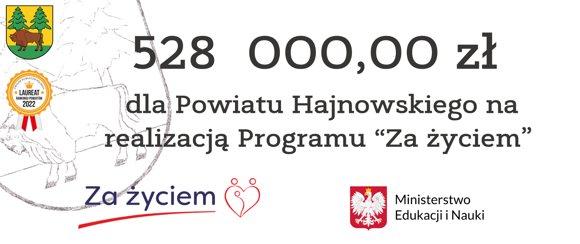 528 000,00 dla Powiatu Hajnowskiego na realizację programu "Za życiem". U dołu logo programów: "Za życiem" i Ministerstwa Edukacji i Nauki.