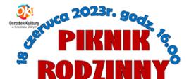 białe tło czerwone i niebieskie litery zaproszenie na piknik rodzinny 