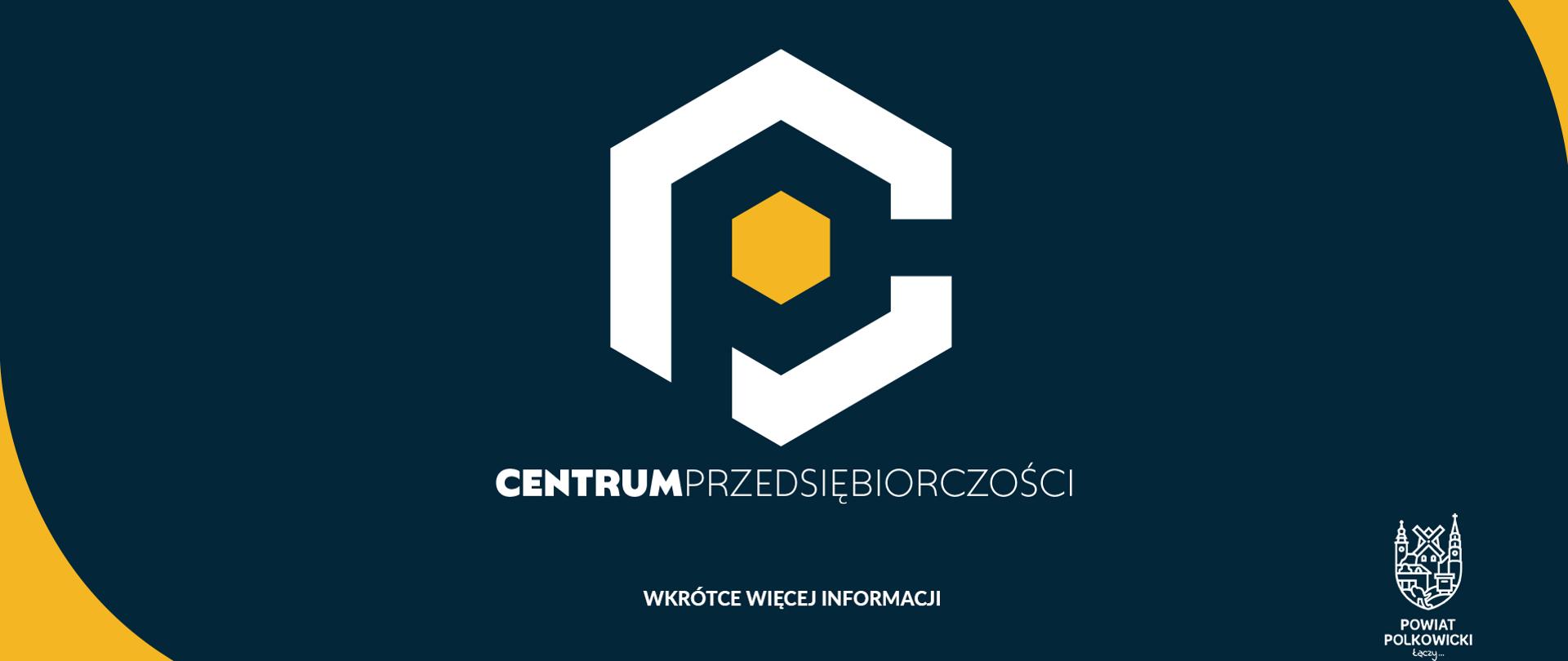 Logo Centrum Przedsiębiorczości w biało-żółto-granatowym kolorze.