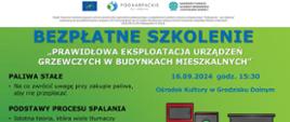 zielone tło czarne i niebieskie litery zaproszenie na bezpłatne szkolenie, z prawej strony zdjęcia grafika pieca do centralnego ogrzewania 