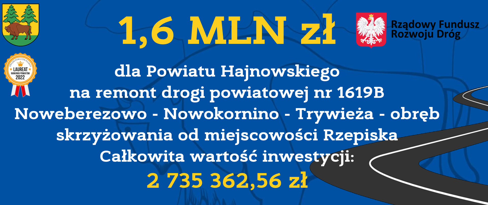1,6 MLN zł dla Powiatu Hajnowskiego na remont drogi powiatowej nr 1619B Noweberezowo - Nowokornino - Trywieża - obręb skrzyżowania od miejscowości Rzepiska. Całkowita wartość inwestycji: 2 735 362,56 zł