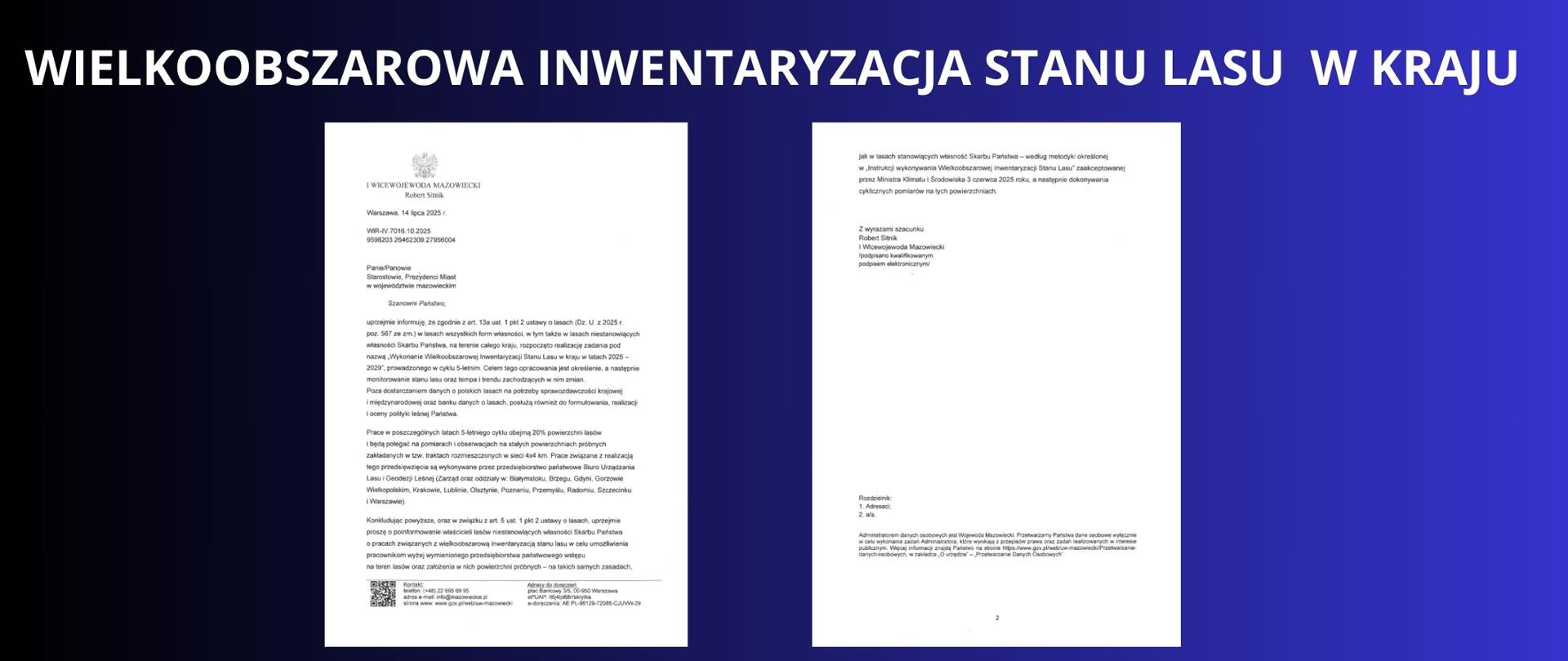 BIAŁY NAPIS NA GRANATOWYM TLE " WIELKOOBSZAROWA INWENTARYZACJA STANU LASU W KRAJU" TREŚĆ PISMA I WICEWOJEWODY W TEJ SPRAWIE 
