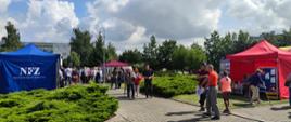 Festyn Profilaktyczno Zdrowotny w ogrodach przasnyskiego szpitala. Zdjęcie przedstawia uczestników Festynu oraz stanowiska: Narodowego Funduszu Zdrowia po lewej, po prawej Państwowej Szkoły Zawodowej w Ciechanowie a w tle Caritasu oraz Dermobus i Osteobus wraz z formującymi się kolejkami osób chętnych do badania.
