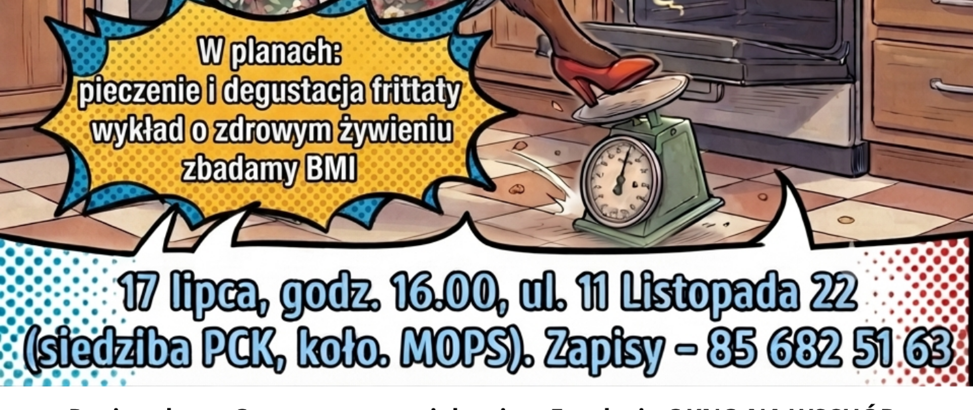 W centrum plakatu grafika żubrzycy w kuchni, przygotowującej posiłek, u góry i dołu informacje o wydarzeniu, zawarte w artykule