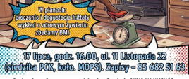 W centrum plakatu grafika żubrzycy w kuchni, przygotowującej posiłek, u góry i dołu informacje o wydarzeniu, zawarte w artykule