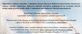 Zdjęcie dachu domu z dymiącym kominem, treść tekstowa promująca wymianę pieca węglowych na nowe źródła ciepła