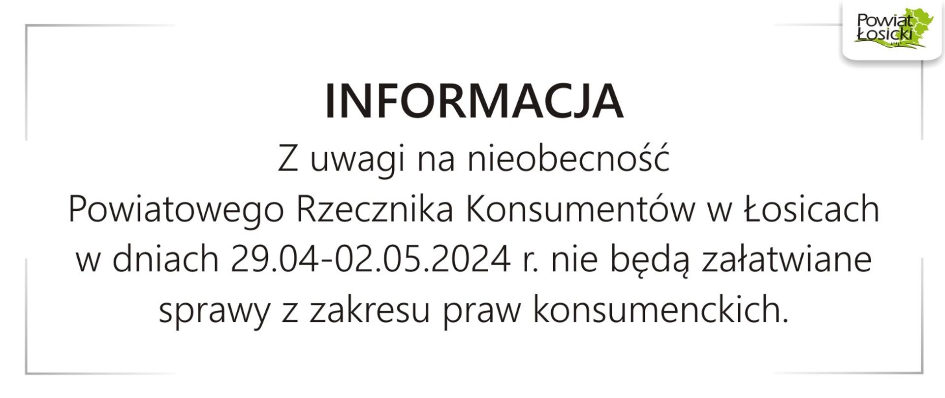 Baner z informacją o nieobecności Powiatowego Rzecznika Konsumentów 