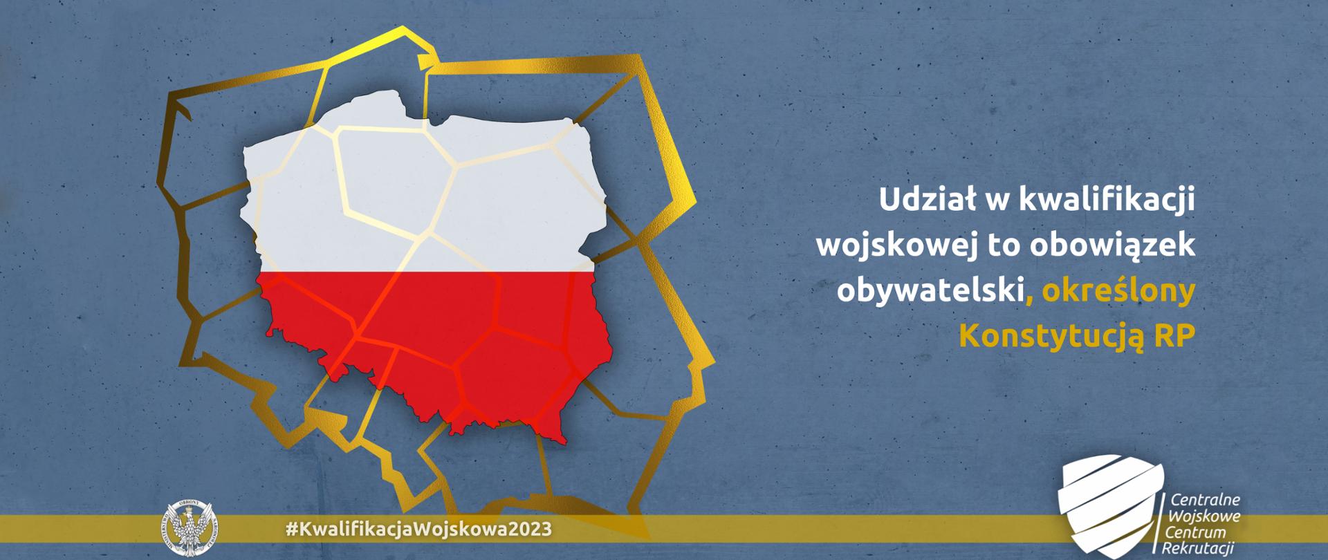 Mapa polski w biało czerwonych barwach, obok napis udział w kwalifikacji wojskowej to obowiązek obywatelski określony konstytucją RP, poniżej na złotym pasku logo CWKR.