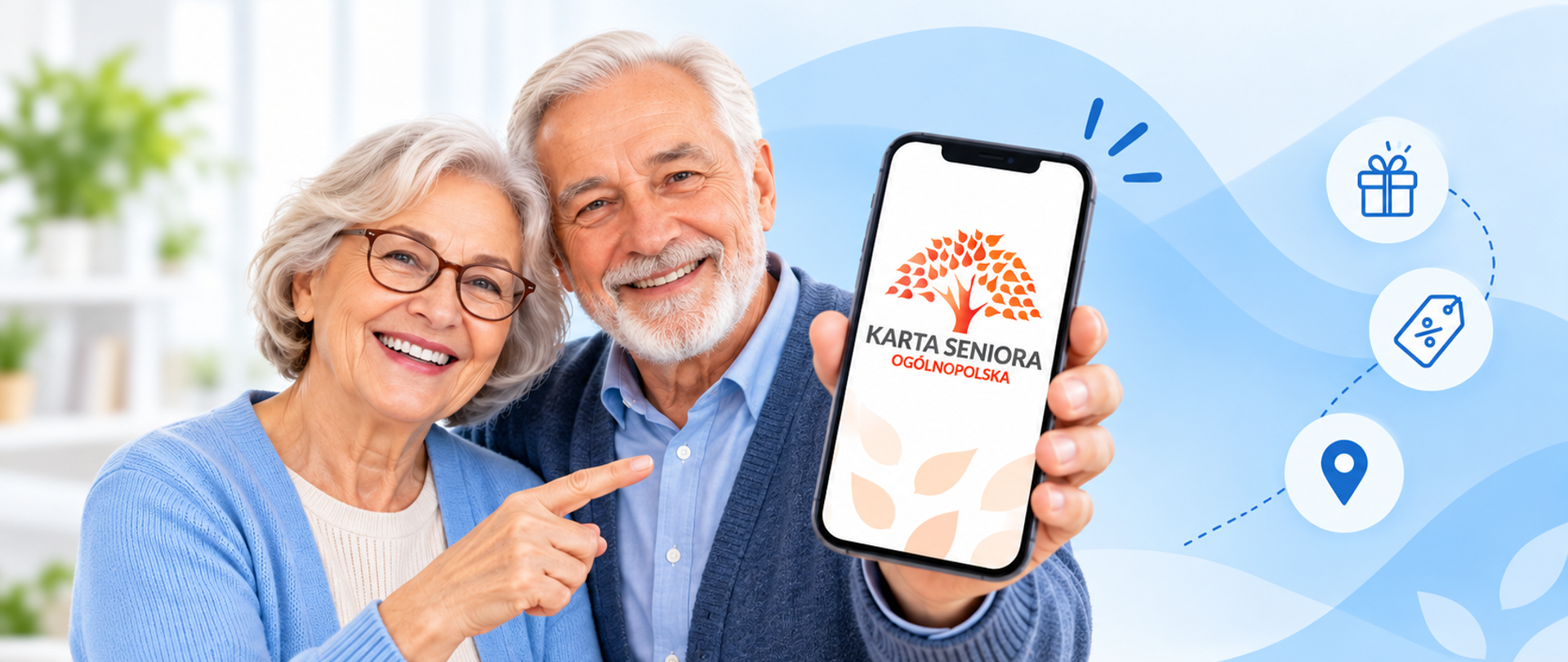 Uśmiechnięta para seniorów prezentuje smartfon z aplikacją Ogólnopolskiej Karty Seniora. Po prawej stronie widoczne są graficzne symbole korzyści, zniżek i lokalizacji.
