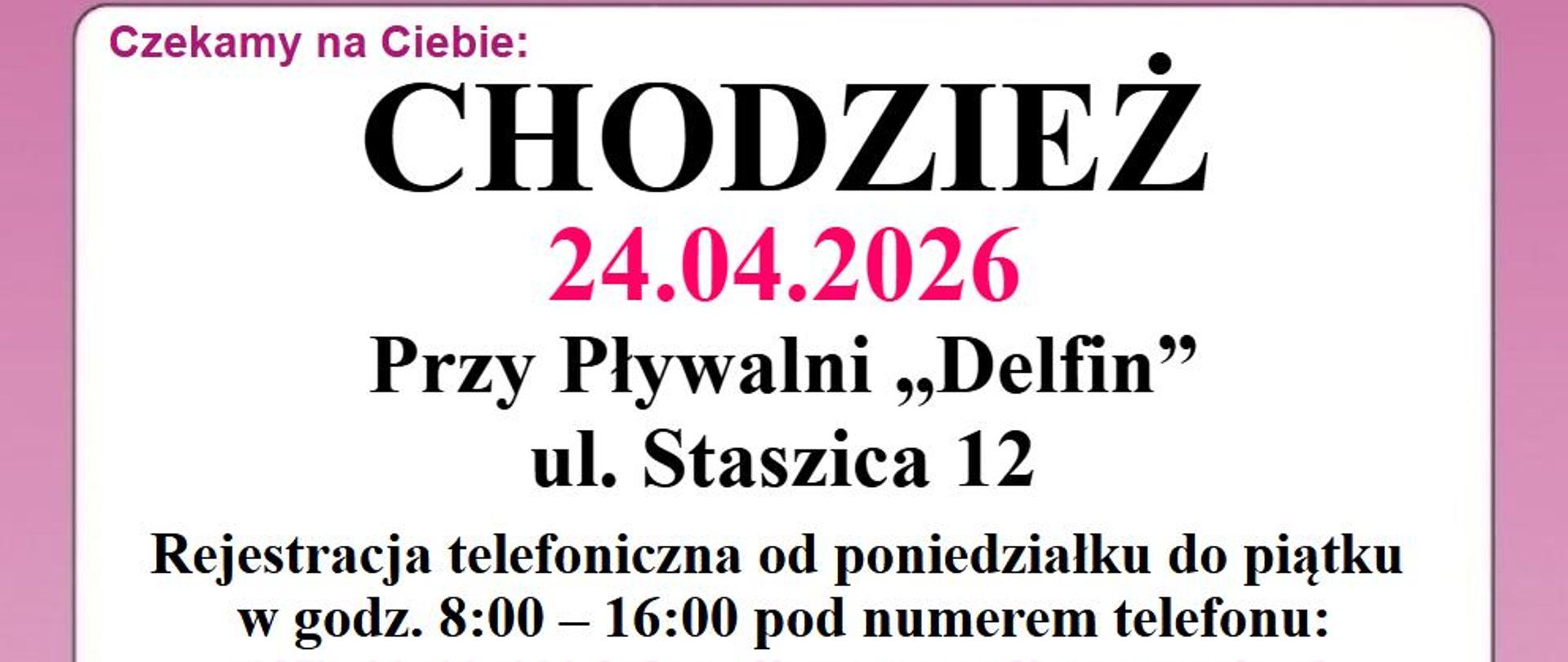 plakat informacyjny o bezpłatnych badaniach mammograficznych w Chodzieży 24.04.2026 r. 
