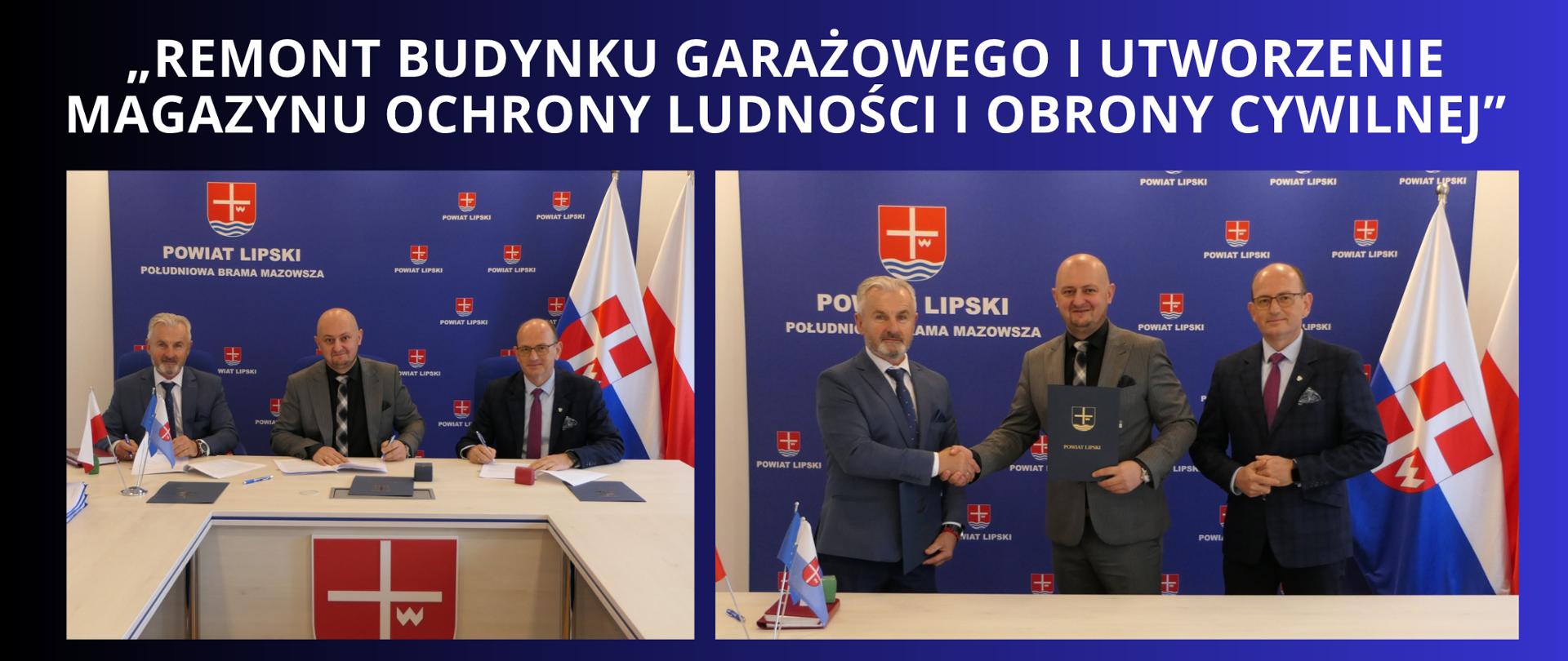 BIAŁY NAPIS NA GRANATOWO CZARNYM TLE „REMONT BUDYNKU GARAŻOWEGO I UTWORZENIE MAGAZYNU OCHRONY LUDNOŚCI I OBRONY CYWILNEJ” DAW Z DJĘCIA Z PODPISANIA UMOWY, STRONY UMOWY PODPISUJĄCE UMOWĘ ORAZ TUZ PO PODPISANIU JEJ Z UŚCIŚNIĘCIEM SOBIE DŁONI PRZEZ STRONY