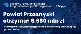 Grafika informująca o tym, że w ramach drugiej edycji Polskiego Ładu Powiat Przasnyski otrzymał środki na utworzenie Środowiskowego Domu Samopomocy w Przasnyszu.