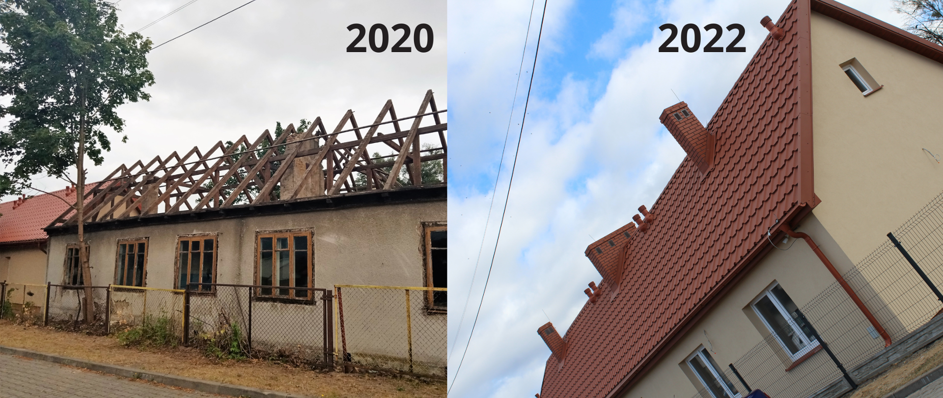 Kolaż zdjęć prezentujący efekty przebudowy: od lewej 2020 r. odrapany budynek bez dachu, zarośnięty plac - budynek w trakcie prac, po prawej: rok 2022 nowy dach, nowy tynk, wysprzątany plac wokół