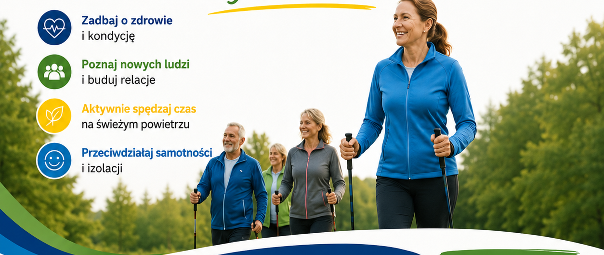 Plakat informujący o zajęciach Nordic Walking w każdym sołectwie Gminy Szemud. Zajęcia obejmują 23 spotkania w godzinach 18:00–19:00, prowadzone przez wykwalifikowanego instruktora. Usługa finansowana jest z premii społecznej.