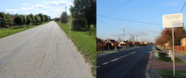 Droga powiatowa w miejscowości Czyże - przed i po przebudowie. Po lewej - droga przed przebudową - popękany asfalt, brak ścieżki rowerowej, zarośnięte pobocza. po prawej - droga po przebudowie: nowa nawierzchnia, pobocza, ścieżka rowerowa 