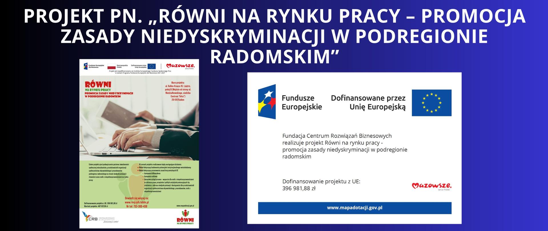 Granatowe tło z białym napisem "projekt pn. „Równi na rynku pracy – promocja zasady niedyskryminacji w podregionie radomskim”". Pod napisem plakat i tablica z nazwą zadania i logotypami partnerów finansowych. 