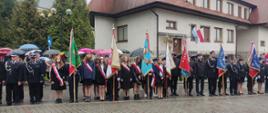 Zdjęcie przedstawia młodzież i druhów strażaków ze sztandarami