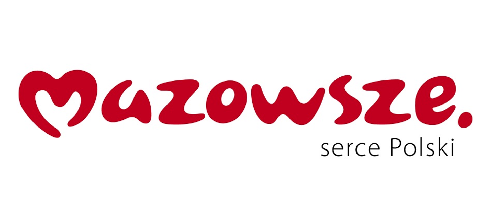 Logo Mazowsze - czerwony napis składający się z zaokrąglonych krzywych tworzących napis Mazowsze. Pod prawą dolną częścią napisu Mazowsze dodatkowy czarny dopisek napisany prostą czcionką o treści serce Polski.