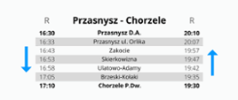 Graficzne przedstawienie rozkładu jazdy autobusów dla linii Przasnysz-Chorzele. Treść: rozkład jazdy autobusów linia U011 Przasnysz-Chorzele. Wyjazd z Przasnysz Dworzec Autobusowy o 16:30, odjazd z Przasnysz ulica Orlika 16:33, odjazd z Zakocie o 16:43, odjazd z Skierkowizna 16:53, odjazd z Ulatowo-Adamy 16:58, odjazd z Brzeski-Kołaki o 17:05, przyjazd do Chorzele Przystanek Dworzec. Droga powrotna: wyjazd z Chorzele Przystanek Dworzec o 19:30, odjazd z Brzeski-Kołaki o 19:35, odjazd z Ulatowo-Adamy o 19:42, odjazd z Skierkowizna o 19:47, odjazd z Zakocie o 19:57, odjazd z Przasnysz ulica Orlika o 20:07, przyjazd do Przasnysz Dworzec Autobusowy o 20:10. Linia kursuje w dni robocze. Operator: Przewozy krajowe i zagraniczne osób spółka cywilna Beata i Krzysztof Czapliccy.