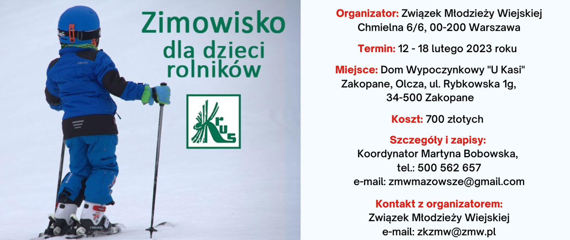 Grafika z informacją o organizowanym zimowisku dla dzieci rolników. Treść w artykule.