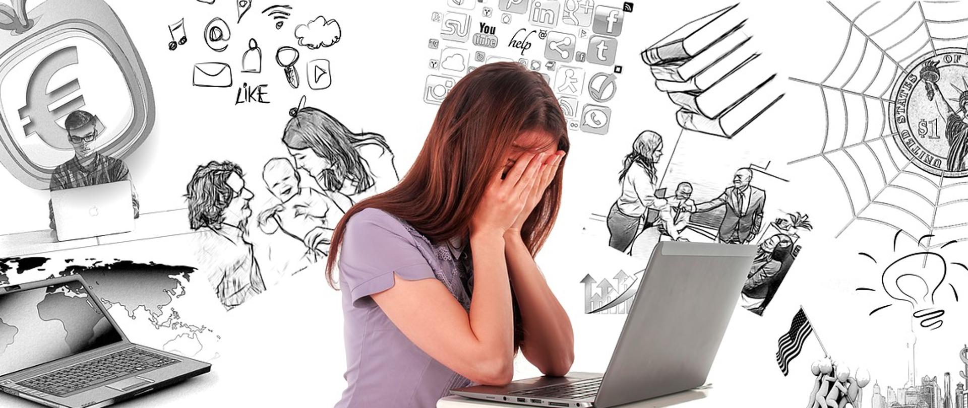 Kobieta siedząca nad laptopem z twarzą ukrytą w dłoniach, wokół jej głowy grafiki symbolizujące przytłaczające ją problemy