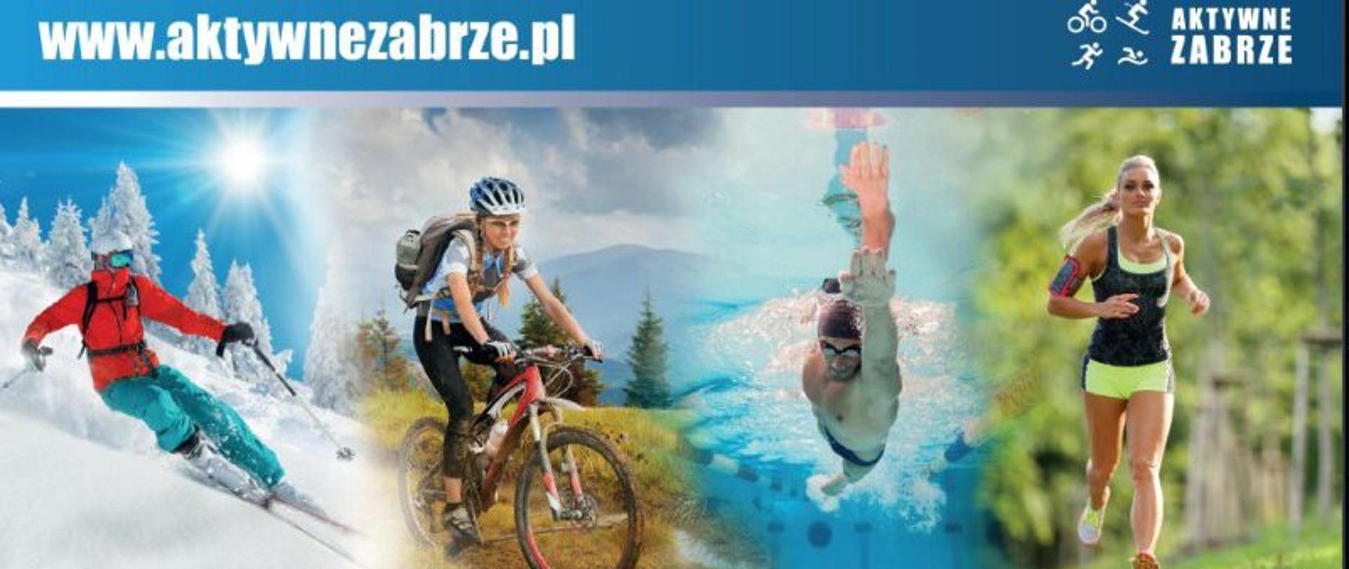 Mężczyzna zjeżdża na nartach w górach, kobieta jedzie na rowerze, mężczyzna pływa na basenie, kobieta biegnie w parku