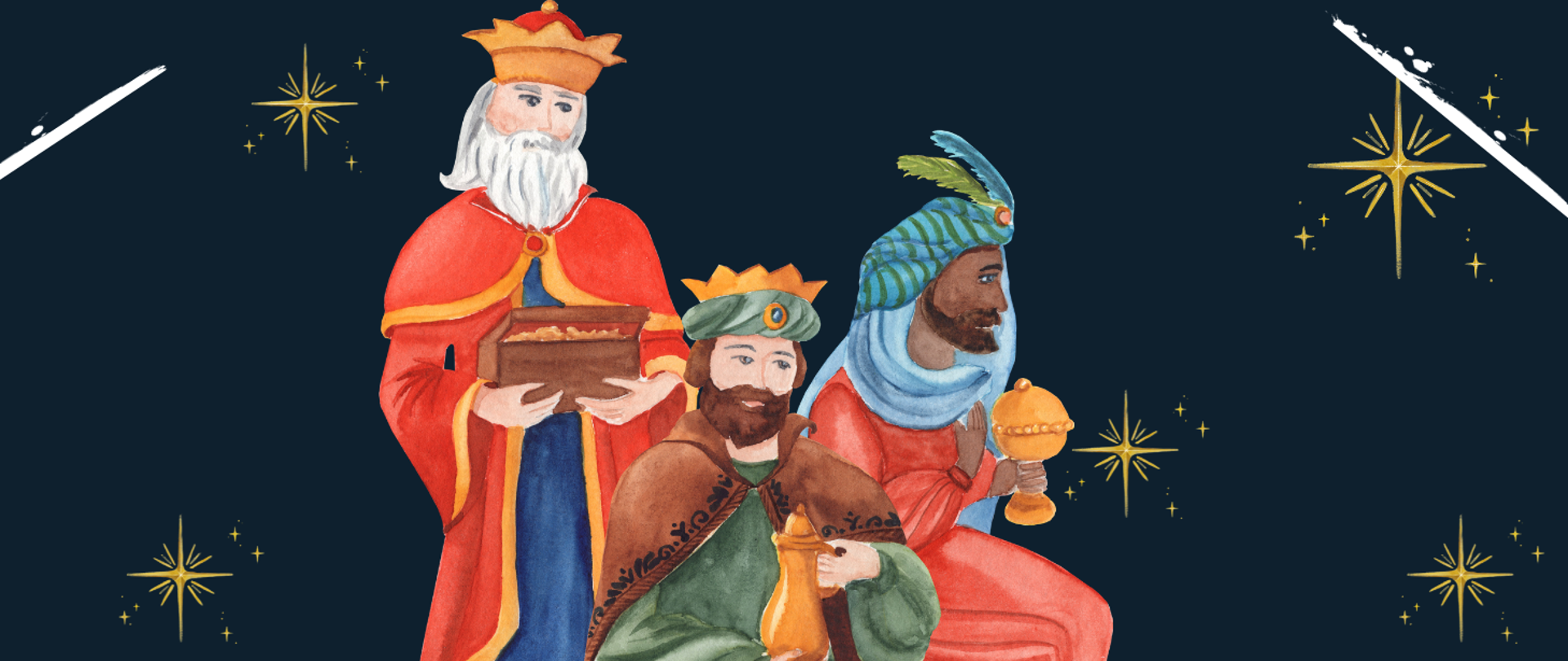 Grafika przedstawiająca rysunki trzech ludzi w szatach z darami w rękach. W tle niebo z gwiazdami
