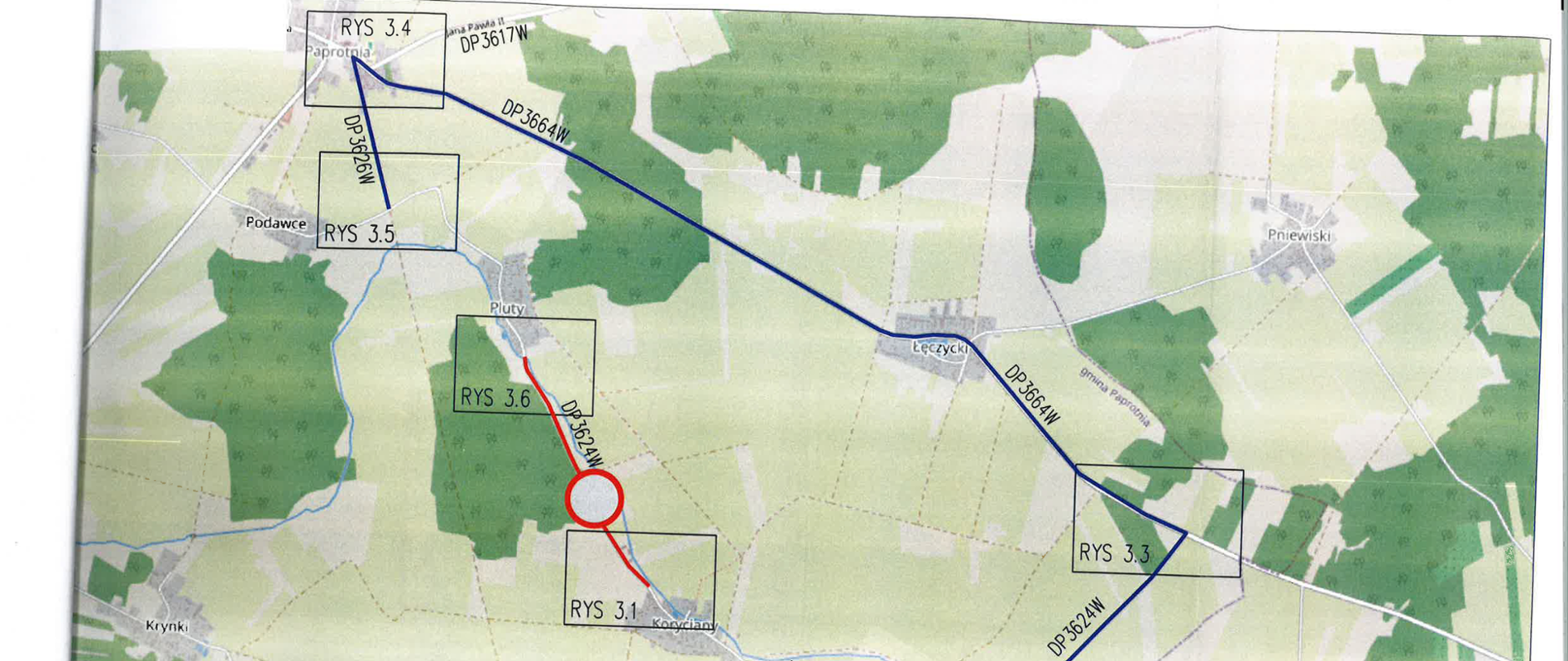 Grafika przedstawia: mapę zamkniętego odcinka drogi powiatowej nr 3624W od m. Pluty do m. Koryciany z zaznaczonym objazdem przez wsie Podawce, Paprotnia, Łęczycki i Pliszki

