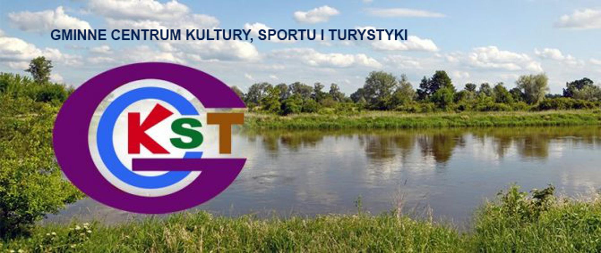 Logo Gminnego Centrum Kultury Sportu i Turystyki w tle rzeka Bug.
