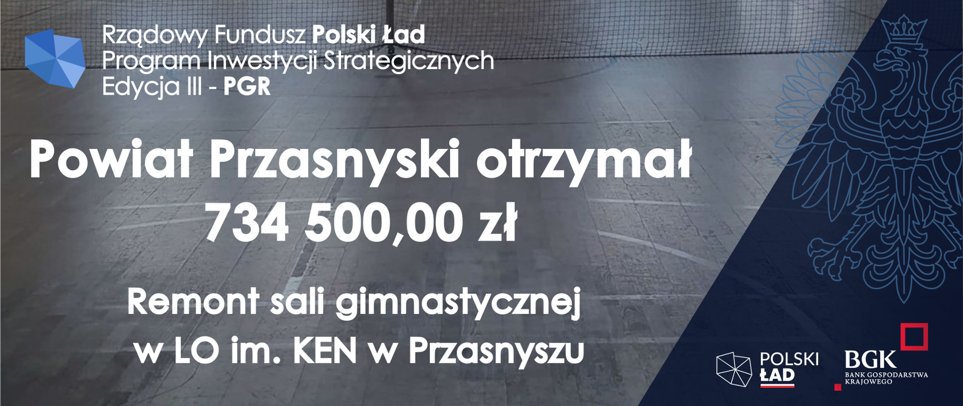 Grafika promująca informację o pozyskaniu przez Powiat Przasnyski blisko 735 tysięcy złotych na remont sali gimnastycznej w LO im. KEN w Przasnyszu.