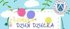 grafika przedstawia na kolorowym tle napis 1 czerwca Dzień dziecka