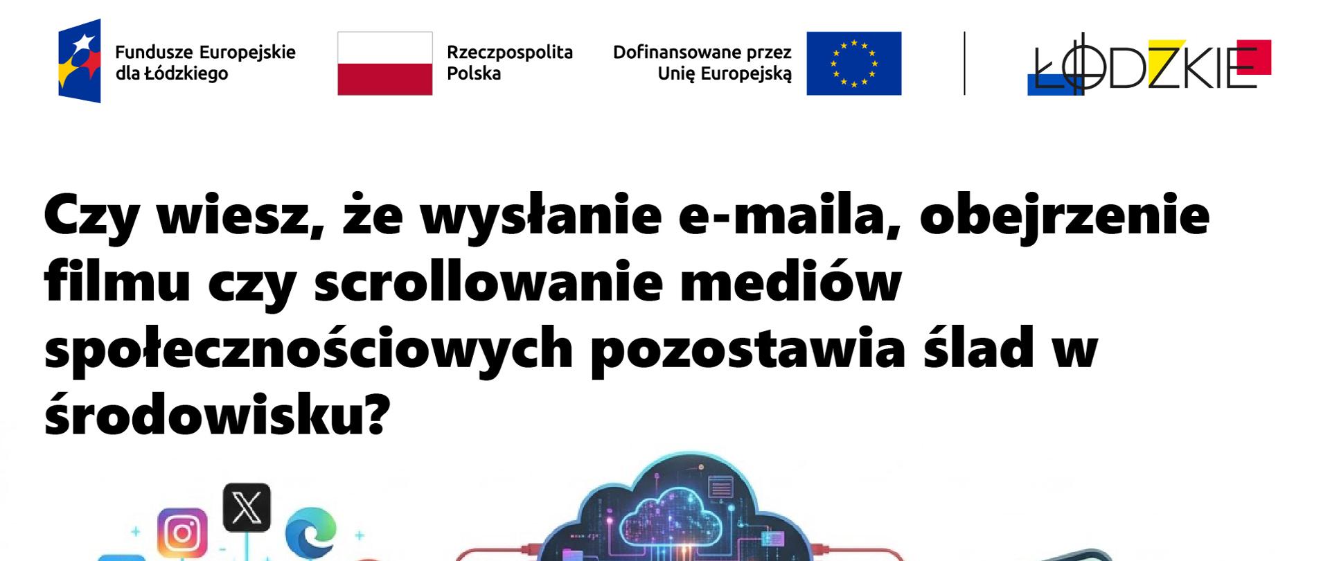 Grafika edukacyjna na temat wpływu technologii cyfrowych na środowisko naturalne. U góry widoczny jest baner ze zdjęciem lotniczym krajobrazu (lasu i pól). Na środku baneru znajduje się logotyp z napisem: "EDUKACJA ŚRODOWISKOWA MIESZKAŃCÓW GMINY DŁUTÓW".
Poniżej logotypu sponsorów:
Fundusze Europejskie dla Łódzkiego
Rzeczpospolita Polska (z flagą)
Tekst: "Dofinansowane przez Unię Europejską" (z flagą UE)
Stylizowane logo: ŁÓDZKIE
W centralnej części grafiki duże, czarne pytanie:"Czy wiesz, że wysłanie e-maila, obejrzenie filmu czy scrollowanie mediów społecznościowych pozostawia ślad w środowisku?"
Poniżej znajduje się ilustracja rąk w garniturach trzymających urządzenia mobilne na tle zielonego pola.
Z lewej strony: Ręka trzymająca tablet, nad którym unosi się chmura ikon aplikacji (m.in. Facebook, Instagram, X, TikTok, Chrome). Ekran tabletu pokazuje wykresy i ikony technologii.
W środku: Grafika cyfrowej chmury danych, połączonej czerwonymi przewodami z urządzeniami. Pod chmurą, na trawie, widnieje duży, błotnisty odcisk buta.
Z prawej strony: Ręka trzymająca smartfon, na ekranie którego widać rosnące, zielone drzewo.
W prawym dolnym rogu umieszczono duży, ciemnozielony przycisk z napisem:"CZYTAJ CAŁY ARTYKUŁ (link w opisie)",
na który wskazuje biały kursor dłoni.