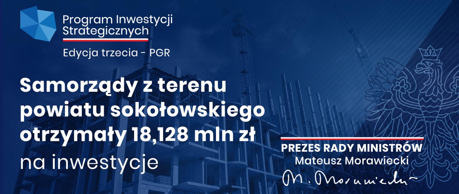 Program inwestycji Strategicznych Polski Ład granatowa grafika z białymi napisami Samorządy z terenu powiatu sokołowskiego otrzymały 18,128 mln zł na inwestycje.