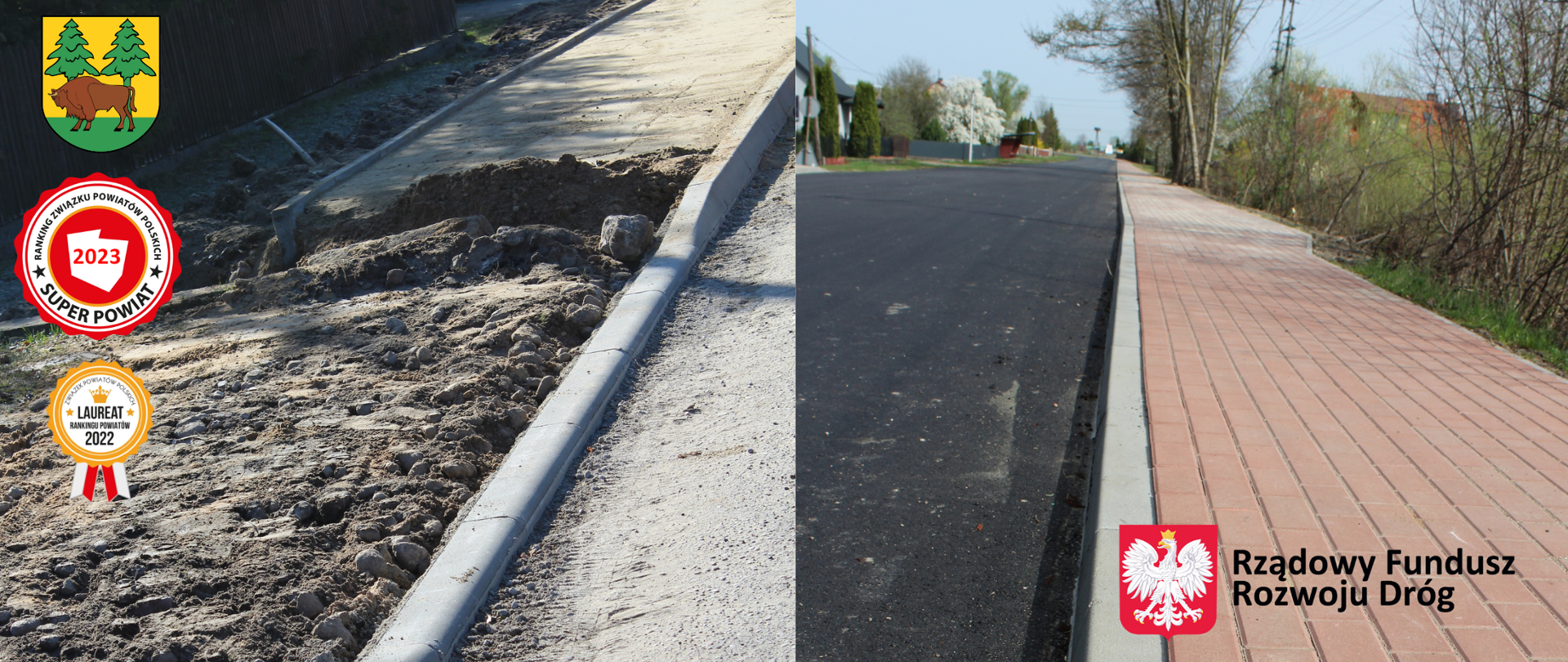 Kolaż zdjęć przedstawiający efekt przed przebudową chodnik i po - po lewej prace nad przebudową, po prawej - nowy chodnik i nawierzchnia drogi