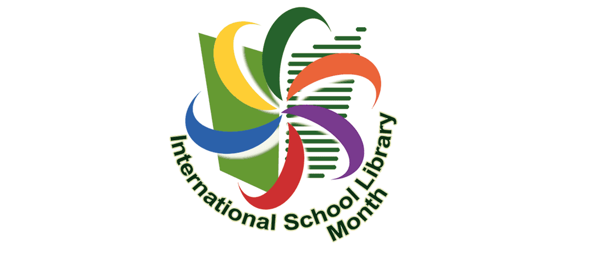 Kolorowe fale układając się w kształt wiatraka. Za nimi zielony obrazek książki. Pod obrazkiem napis: International School Library Month