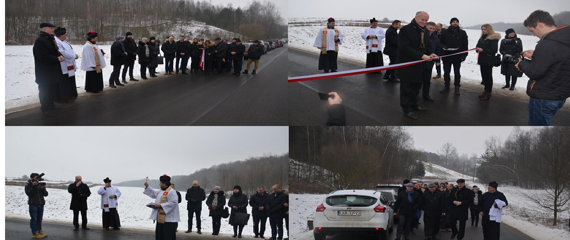 Na zdjęciu widzimy grupę ludzi, wyróżniają się na nim Wójt oraz Ksiądz. Jest to uroczystość otwarcia nowej drogi.
