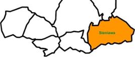 Zdjęcie przedstawia zarys gminy Raba Wyżna z zaznaczonym na kolor pomarańczowy Sołectwem Sieniawa