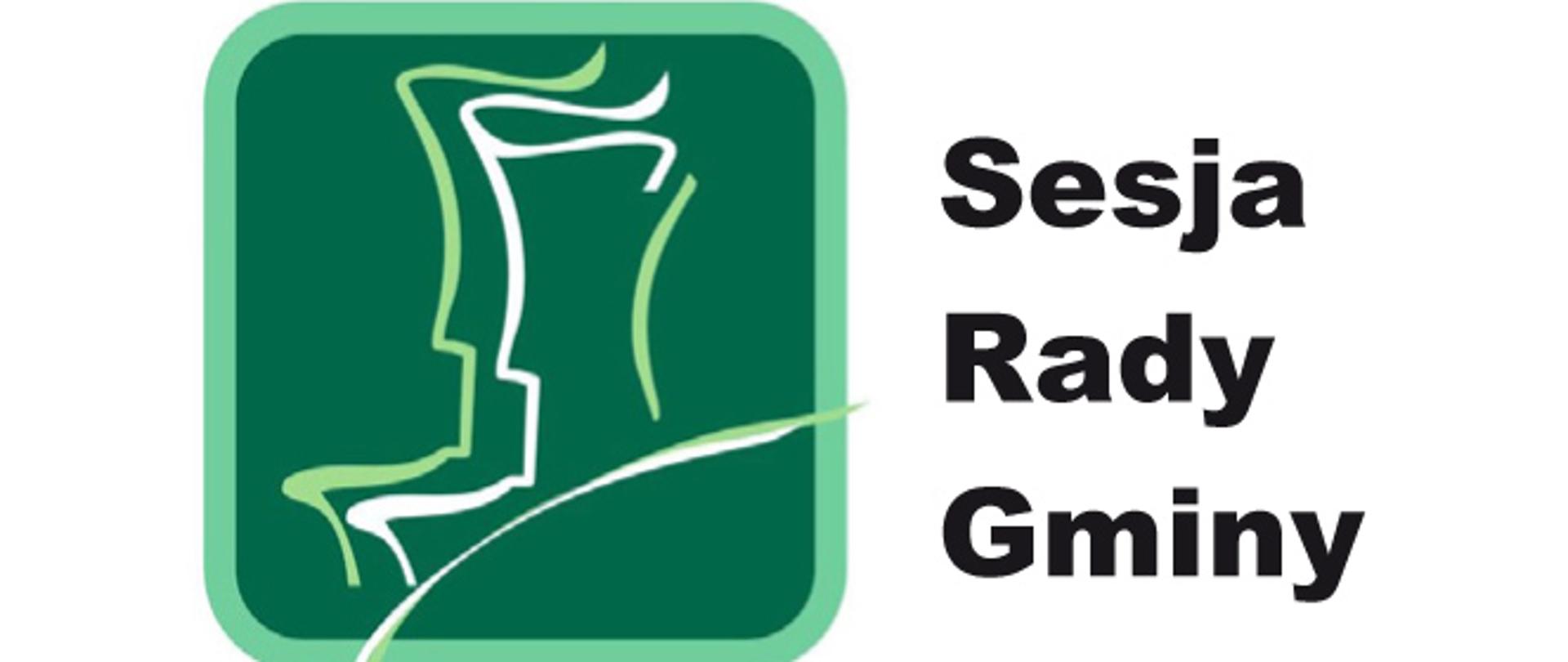 Grafika przedstawia biały obrys postaci na zielonym tle oraz napis Sesja rady gminy. 