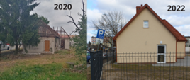 Kolaż zdjęć prezentujący efekty przebudowy: od lewej 2020 r. odrapany budynek bez dachu, zarośnięty plac - budynek w trakcie prac, po prawej: rok 2022 nowy dach, nowy tynk, wysprzątany plac wokół