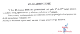 Zawiadomienie dotyczące przerwy w dostawie wody w Polichnie (Pierwszej, Drugiej, Trzeciej, Czwartej), Hucie Józefów, Stanach Nowych, Podlesiu, Rzeczycy-Kolonii