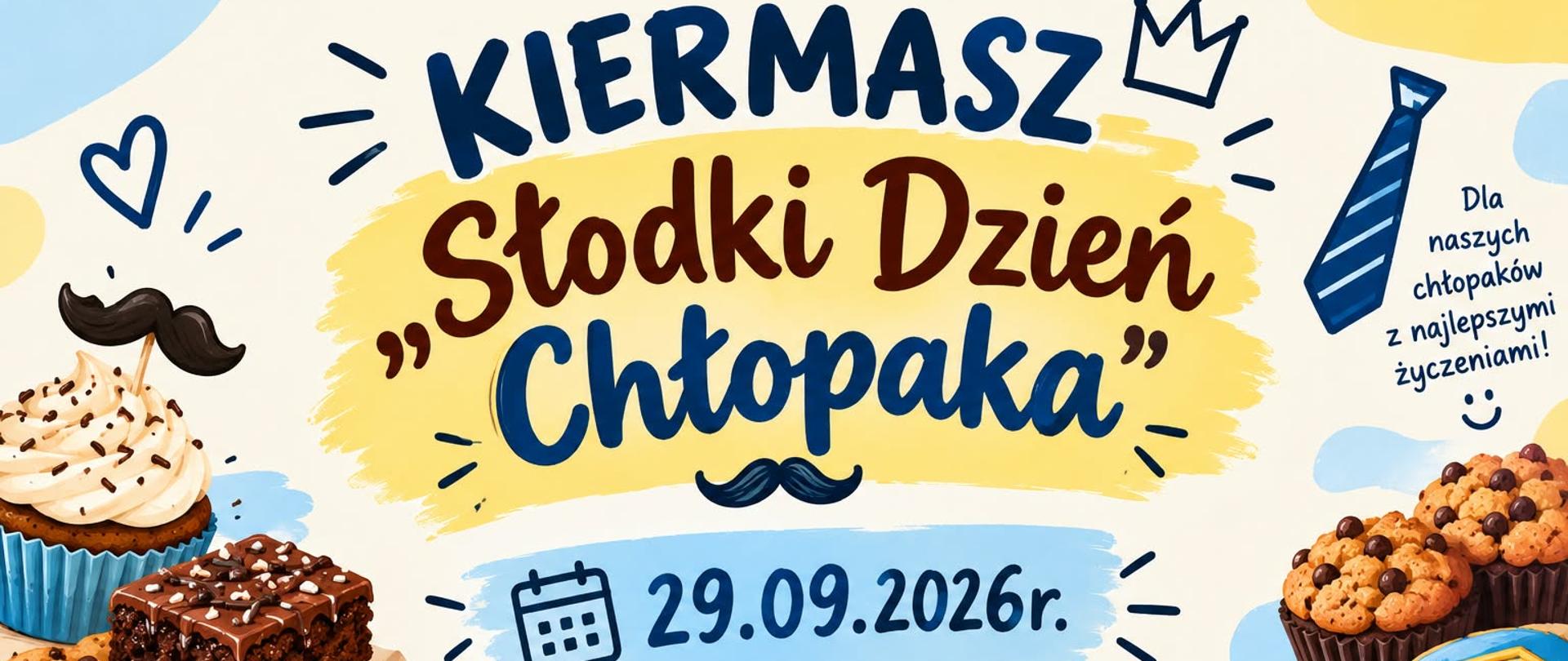W prawym górnym rogu żółta plama, zaś w lewym górnym rogu niebieska plama. Pośrodku zdjęcia napis z granatowych liter, poniżej dwa napisy na żółtej plamie. Z prawej strony grafika babeczek oraz ciasteczek na niebieskim talerzu. Z lewej strony grafika muffinki oraz brązowe ciasto oraz ciasteczka.