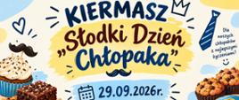 W prawym górnym rogu żółta plama, zaś w lewym górnym rogu niebieska plama. Pośrodku zdjęcia napis z granatowych liter, poniżej dwa napisy na żółtej plamie. Z prawej strony grafika babeczek oraz ciasteczek na niebieskim talerzu. Z lewej strony grafika muffinki oraz brązowe ciasto oraz ciasteczka.