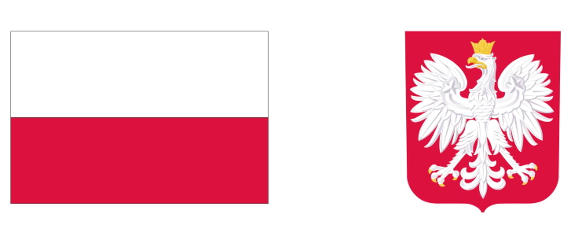 Biało czerwona flaga polski a obok godło: orzeł w koronie na czerwonym tle