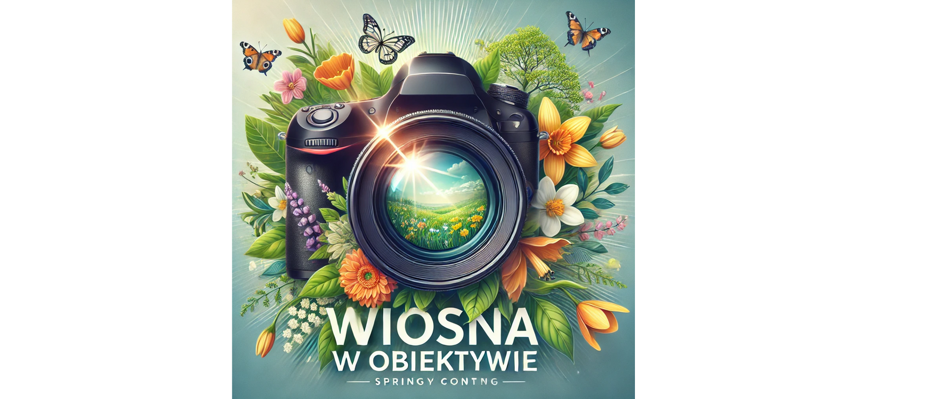 Aparat fotograficzny otoczony zielenią, kwiatami i latającymi nad nim motylami.Pod nim napis Wiosna w obiektywie 