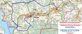 mapa topograficzna przedstawiająca Gminę Stryszów z narysowaną trasą rajdu który ma się odbyć 4 czerwca