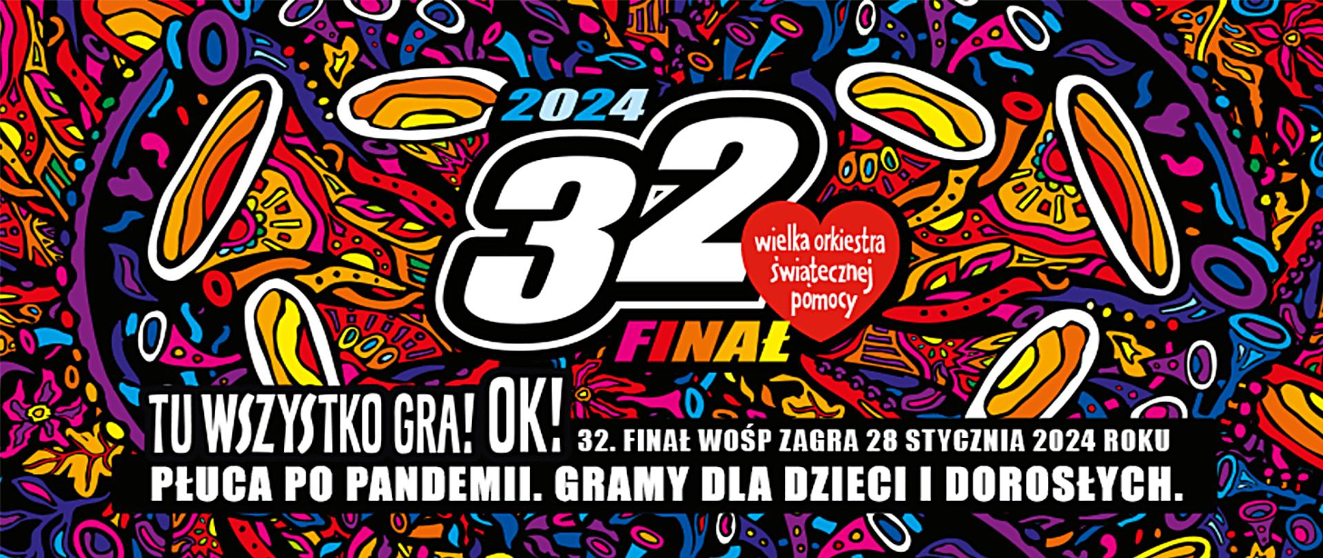 Biała cyfra 32 na tle kolorowych zarysów różnych instrumentów muzycznych