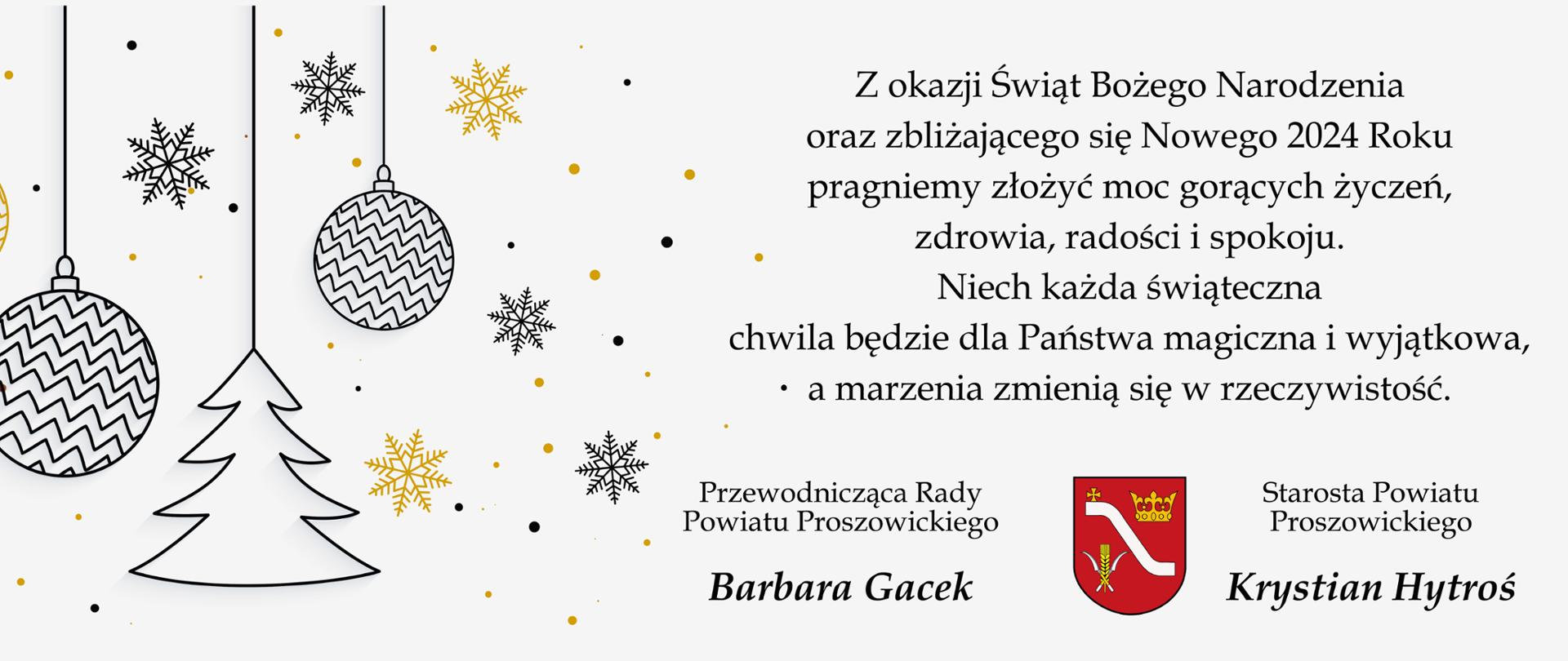 Na jasnym tle zwisające bombki i śnieżynki, z prawej strony życzenia bożonarodzeniowe od Przewodniczącej Rady Powiatu Proszowickiego oraz Starosty Powiatu Proszowickiego.