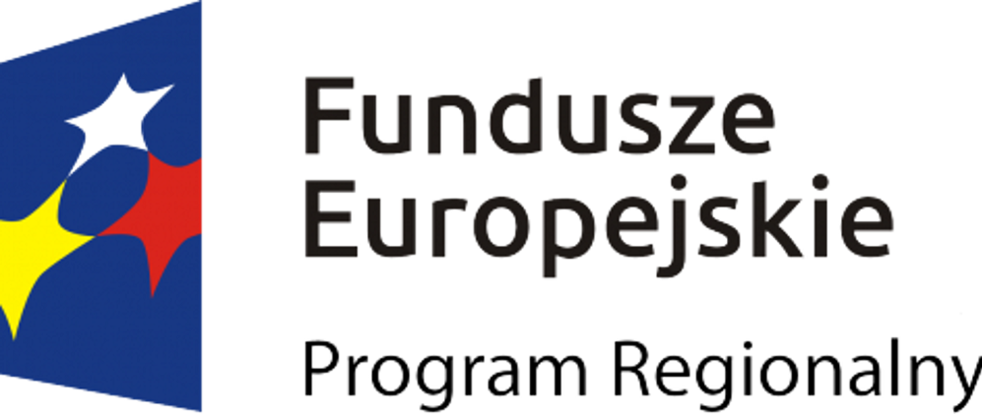 Trzy kolorowe gwiazdy na ciemnoniebieskim tle, czarny napis Fundusze Europejskie Program Regionalny na białym tle