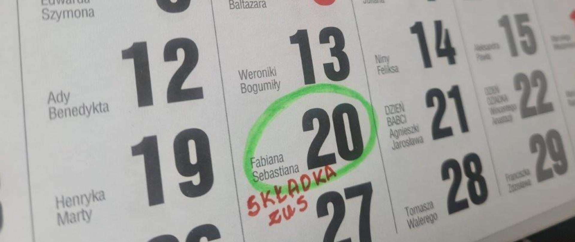 Kalendarz z zaznaczonym dniem opłacania składek ZUS