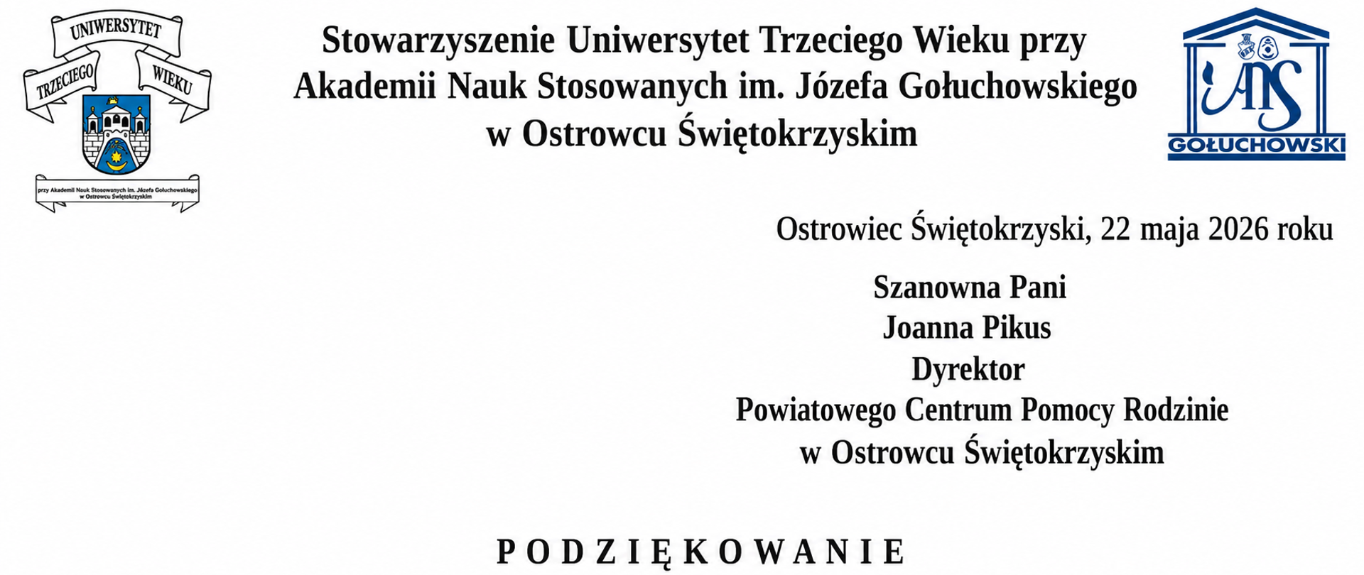 Podziękowania od Uniwersytetu Trzeciego Wieku za współpracę przy V Kongresie Seniorów Powiatu Ostrowieckiego
